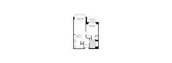 A black and white image of a floor plan for a living room, balcony, and bedroom.
