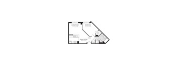 A black and white image of a floor plan for a living room, dining room, and kitchen.