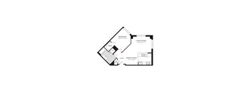 A floor plan of a small house with a bedroom, living room, and dining room.