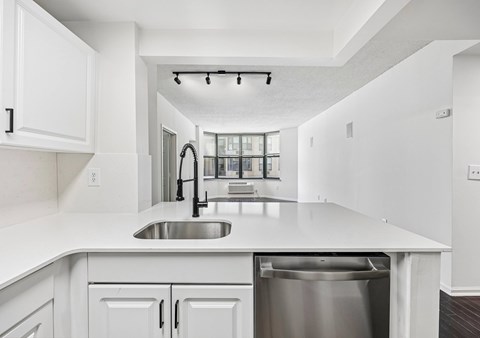 A modern kitchen with white cabinets and a stainless steel dishwasher.