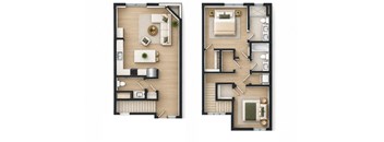 Two floor plans of a house with a kitchen, living room, and bedrooms.