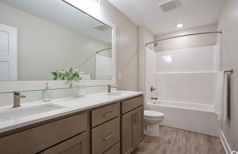 A bathroom with a white sink, brown cabinets, and a white toilet at Ventura Townhouses, West Olive  , MI, 49460