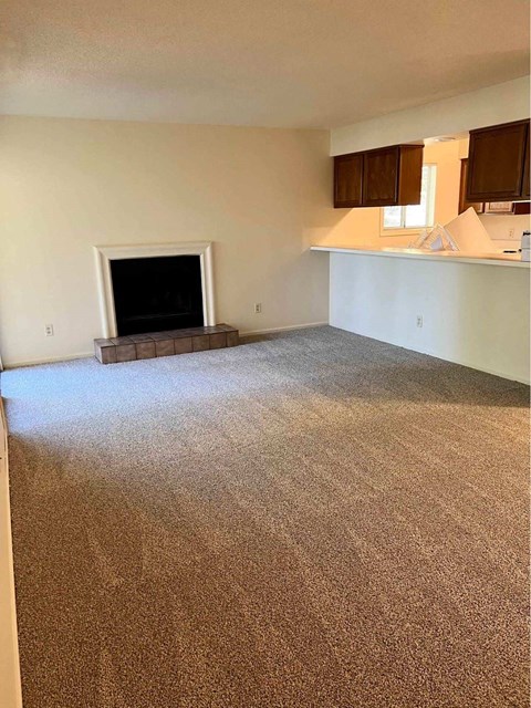 A living room with a fireplace and a carpet.