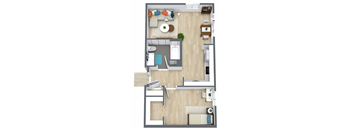 1 Bed/1Bath unit:  A top-down view of a living room, kitchen, and bathroom.