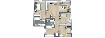 3bed/2bath unit- A top-down view of a house layout with multiple rooms and furniture.