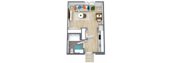 A top-down view of a living room, kitchen, and bathroom.