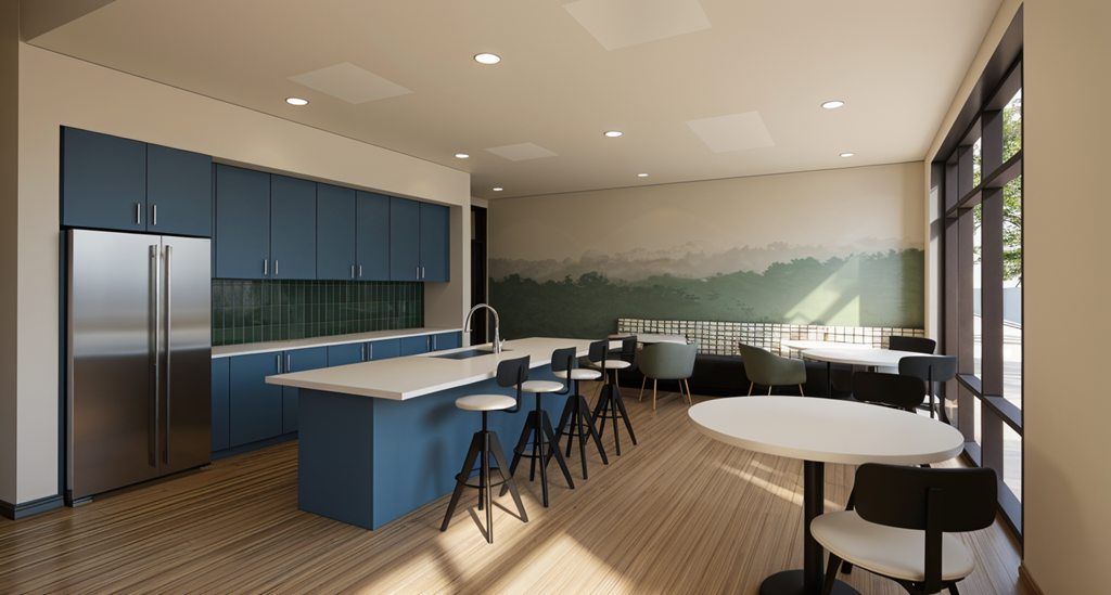 A modern kitchen with blue cabinets and a large island.