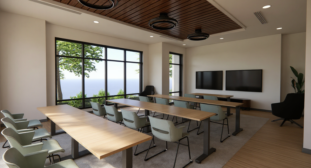 A conference room with a long table and chairs, a television, and a view of the outdoors through large windows.