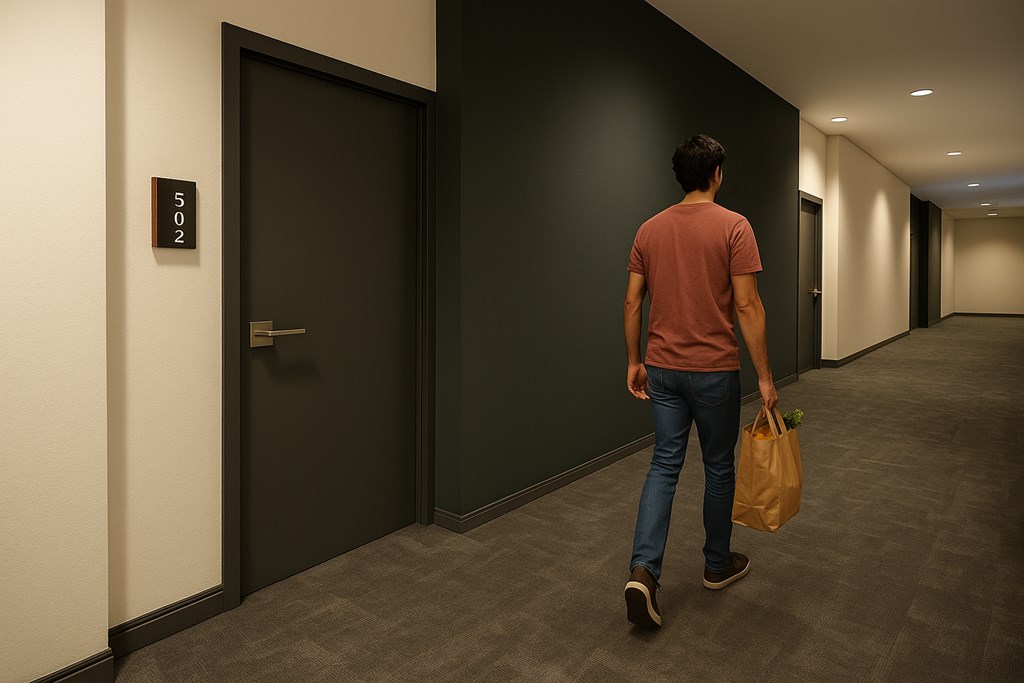 A man in a red shirt is walking down a hallway carrying a bag.