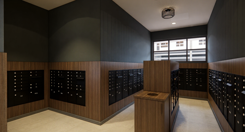 A room with black walls and wooden panels with letters on them.