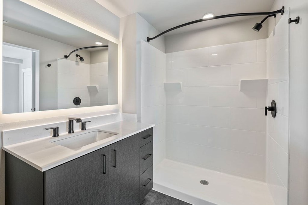 A modern bathroom with a white sink and a walk-in shower