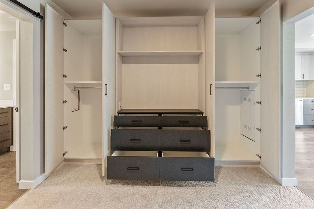 A large open closet with drawers and shelves