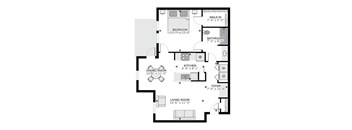 A floor plan of a house with a living room, dining room, kitchen, bedroom, bathroom and foyer.