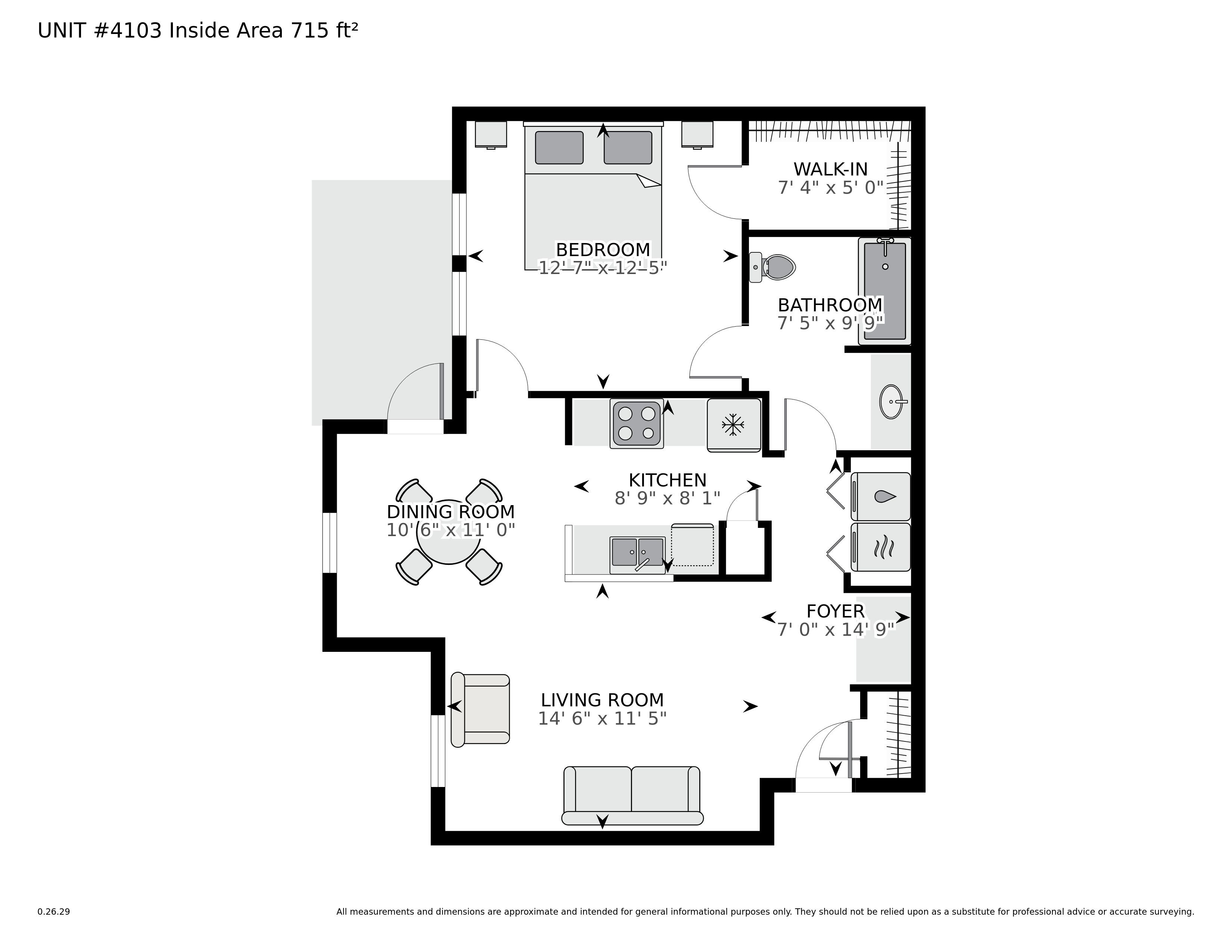 A floor plan of a living space with a living room, dining room, kitchen, bathroom, and bedroom.