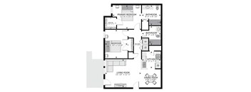 A black and white image of a floor plan for a house with a living room, dining room, kitchen, two bathrooms, and two bedrooms.