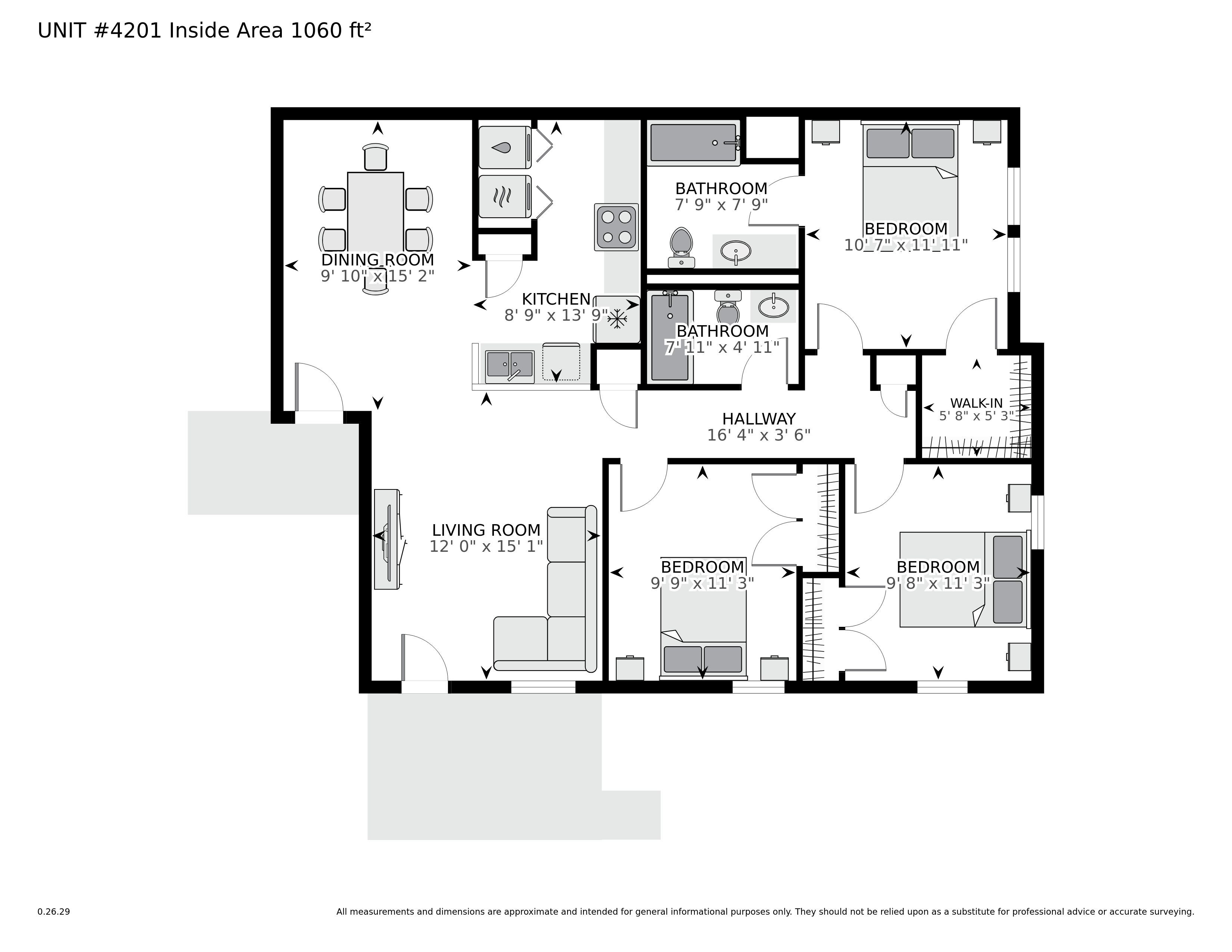 A floor plan of a 1060 square foot unit with a living room, two bedrooms, a bathroom, a kitchen, and a dining room.