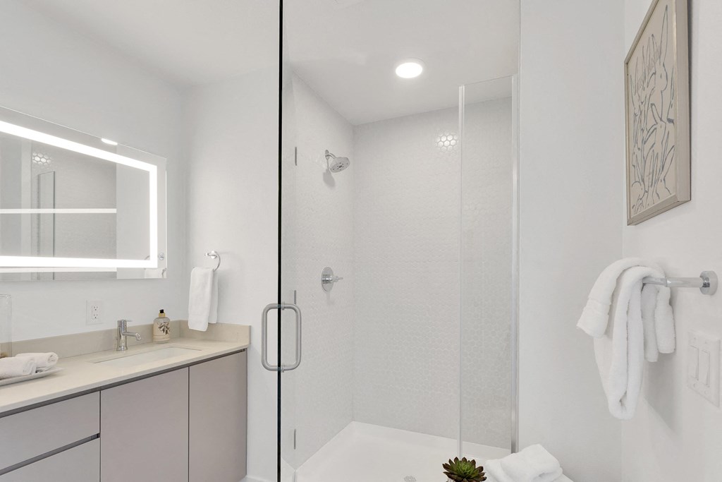 a bathroom with a glass shower stall and a vanity with a sink and mirror