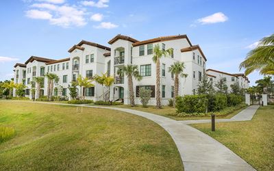 Exterior building view with walking trail
