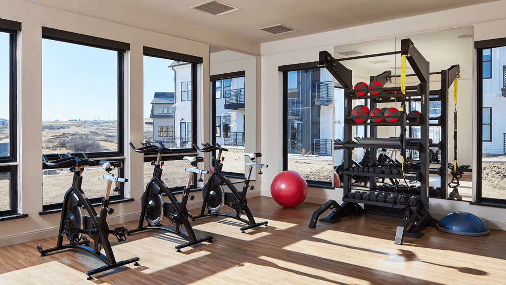 a home gym with a view of the city