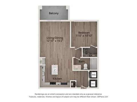 A floor plan of a home with a living room, dining room, kitchen, and two bedrooms.