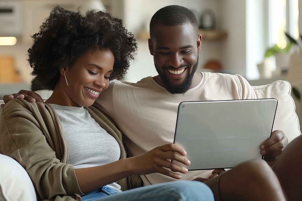 a couple sitting on a couch looking at a tablet computer