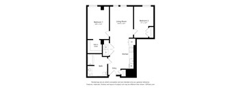 A floor plan of a small apartment with two bedrooms, a living room, a kitchen, a bathroom, and an entry.