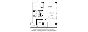 A floor plan of a small apartment with two bedrooms, a living room, a kitchen, and two bathrooms.