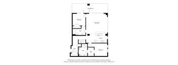 A floor plan of a house with two bathrooms, a kitchen, a living room, and two bedrooms.