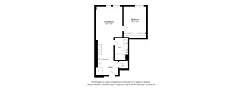 A floor plan of a small apartment with a living room, bedroom, bathroom, kitchen, and entry.