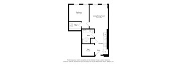 A floor plan of a small apartment with a bedroom, living/dining room, kitchen, bathroom, and entry.
