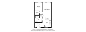 A floor plan of a small apartment with a bedroom, living/dining room, kitchen, bath, and entry.