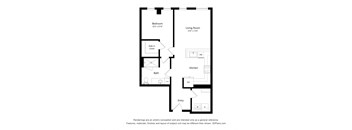 A floor plan of a house with a bedroom, living room, kitchen, bathroom, and entry.