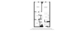 A floor plan of a room with a bedroom, living room, bathroom, kitchen, entry and walk-in closet.