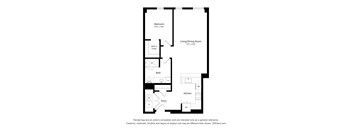 A black and white drawing of a house plan with a bedroom, living/dining room, bath, kitchen, and entry.