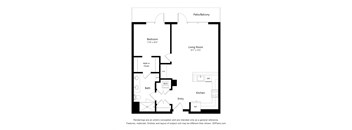 A floor plan of a house with a bedroom, bathroom, kitchen, living room and a patio.