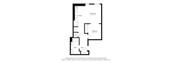 A floor plan of a small apartment with a living room, kitchen, bathroom, and bedroom.
