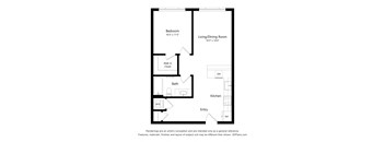 A floor plan of a small apartment with a bedroom, living/dining room, kitchen, bath, and entry.
