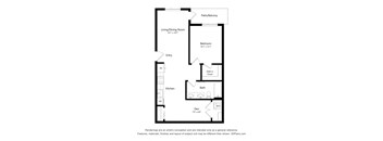 A floor plan of a home with a living/dining room, kitchen, bath, and bedroom.