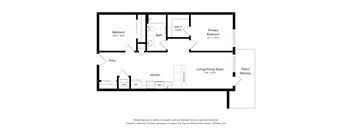 A floor plan of a home with a living area, kitchen, two bedrooms, and bathroom.