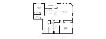 A floor plan of a house with a living room, dining room, kitchen, two bathrooms, a bedroom, and a walk-in closet.