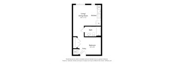 A floor plan of a small apartment with a living room, dining room, kitchen, bathroom, and bedroom.