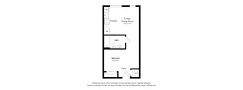 A floor plan of a small apartment with a living/dining room, kitchen, bath, bedroom and entry.