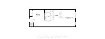 A floor plan of a small apartment with a bedroom, a living/dining room, a kitchen, a bathroom, an entry, and a laundry room.