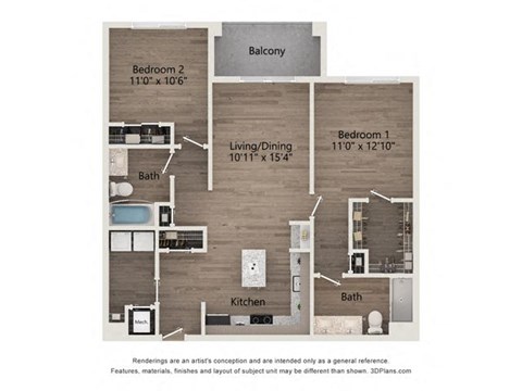 A floor plan of a two bedroom apartment with a living/dining area and a kitchen.
