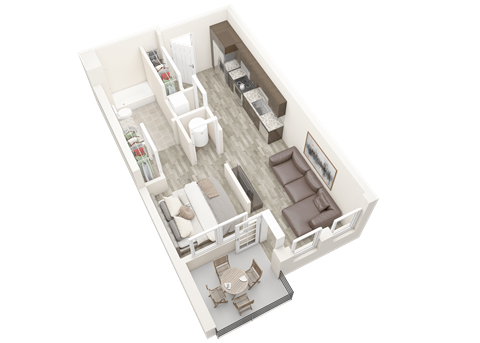 a 3d floor plan of a bedroom with a bathroom and a living room