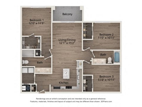 A 3D floor plan of a house with a balcony, three bedrooms, a living/dining area, kitchen, and two bathrooms.