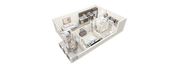 a 3d floor plan of a bedroom and living room