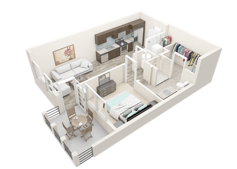 a 3d floor plan of a bedroom and living room