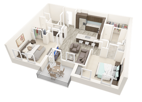 a 3d floor plan of a house with bedrooms and a living room