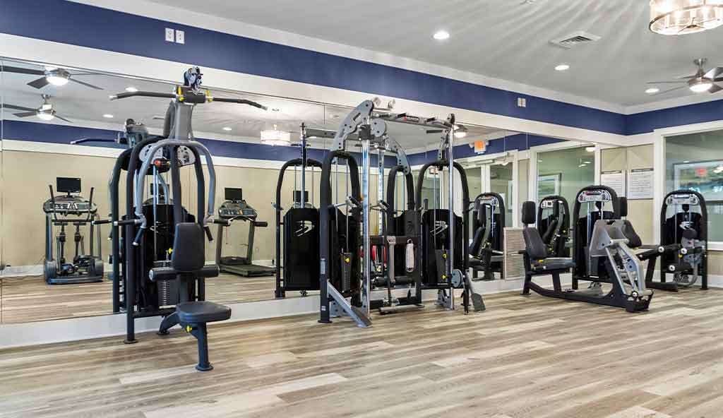 a gym with a lot of weights and cardio equipment